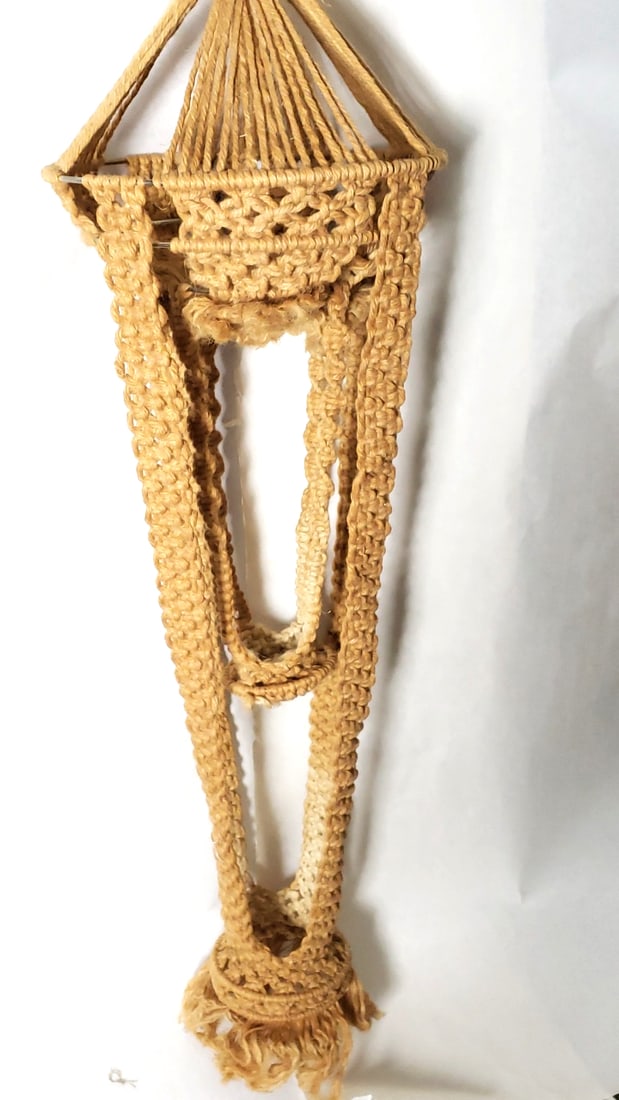 Vintage Handmade Macrame Plant Hanger Beige Cotton Rope - 6 Feet Tall - 6