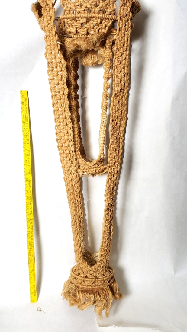 Vintage Handmade Macrame Plant Hanger Beige Cotton Rope - 6 Feet Tall - 9