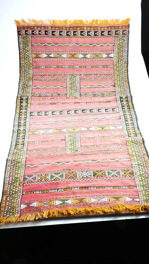 Handwoven Geometric Pattern Rug with Yellow Fringe Trim 56" x 30": Nice, could use a cleaning Low Estimate: 40 High Estimate: 600 Width: 1 Height: 30