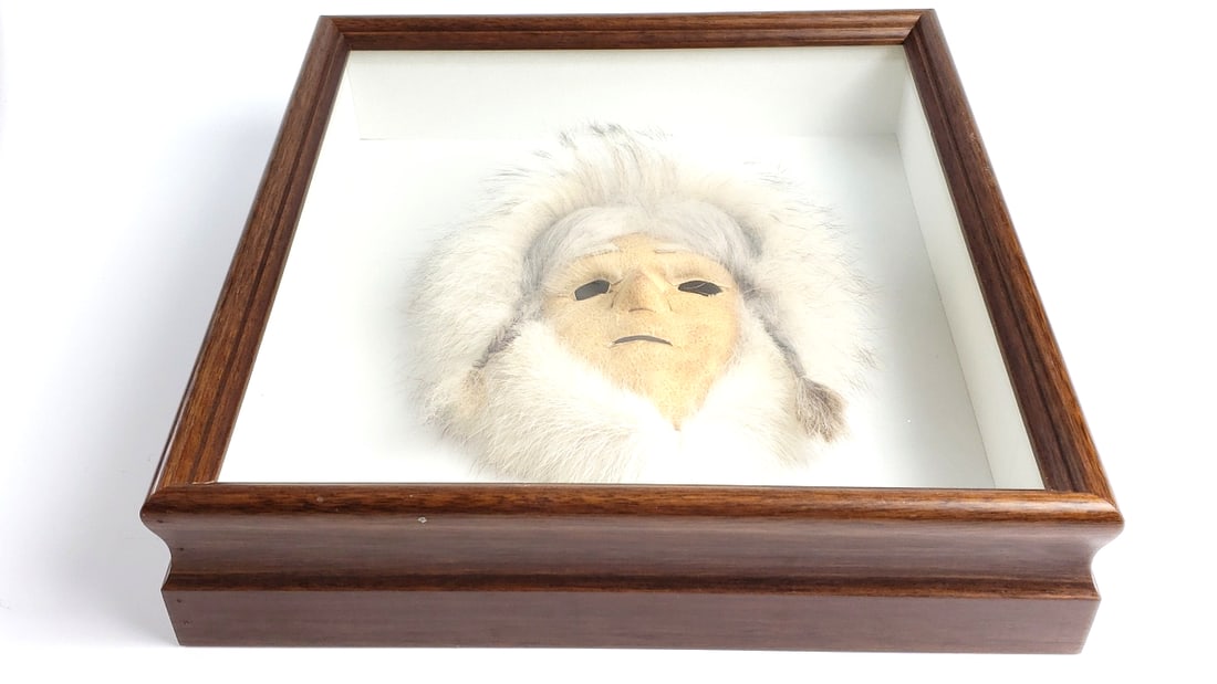 Inuit Mask with Fur Trim in Glass Display Case 14" x 13" x 3": Good Width: 4 Low Estimate: 60 Height: 13 High Estimate: 350