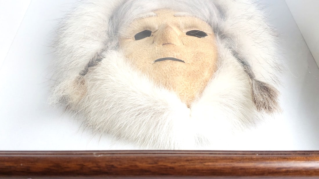 Inuit Mask with Fur Trim in Glass Display Case 14" x 13" x 3" - 2