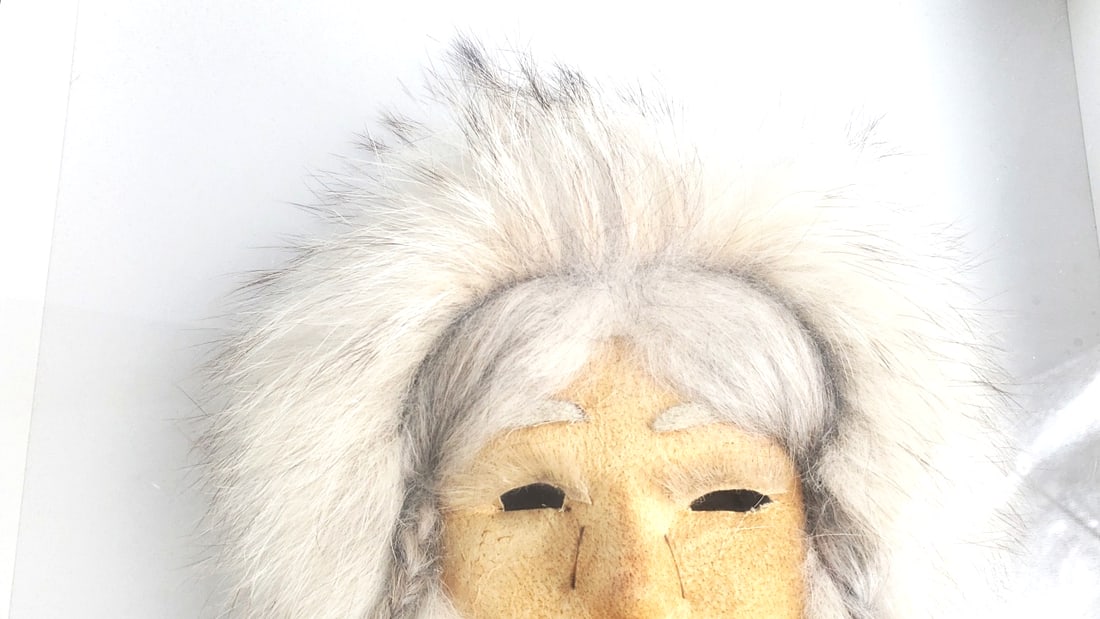 Inuit Mask with Fur Trim in Glass Display Case 14" x 13" x 3" - 3