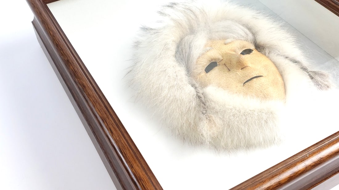 Inuit Mask with Fur Trim in Glass Display Case 14" x 13" x 3" - 4
