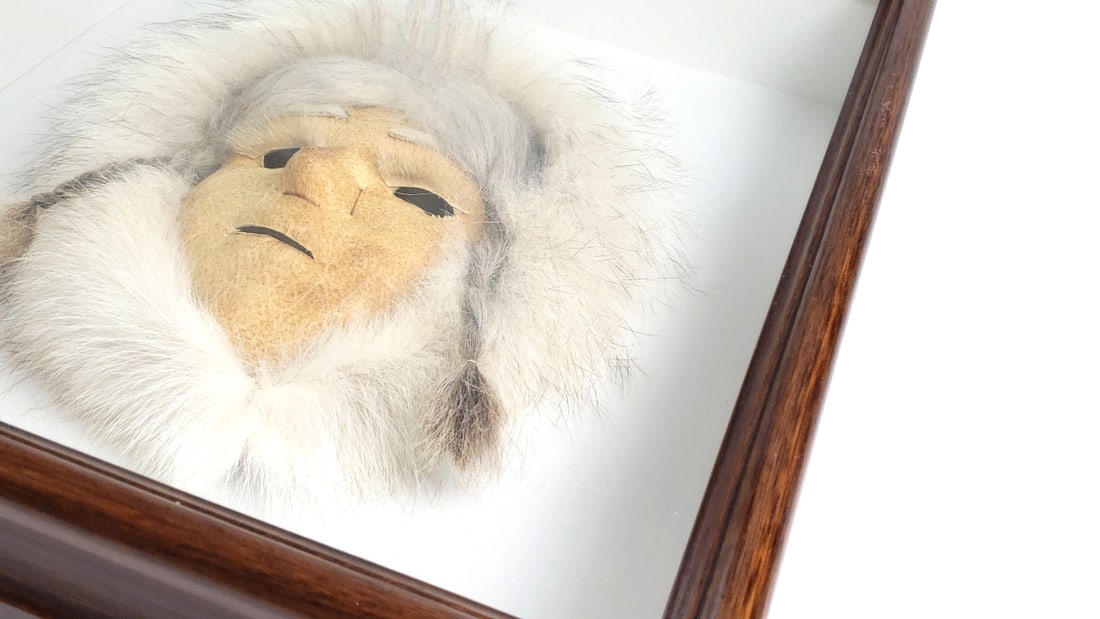 Inuit Mask with Fur Trim in Glass Display Case 14" x 13" x 3" - 5