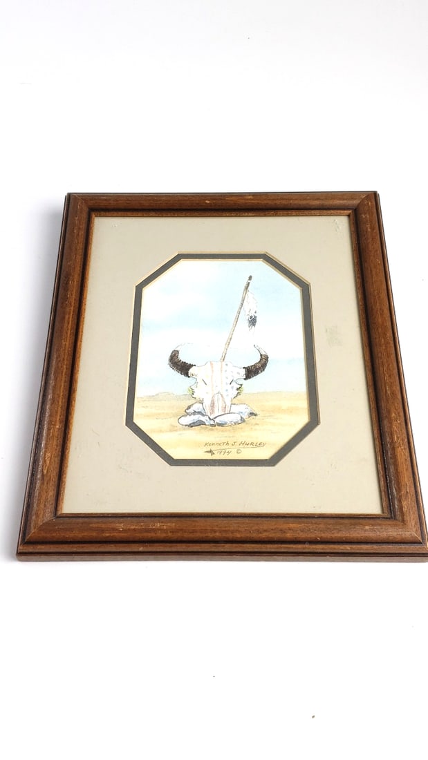 Framed Watercolor Bull Skull Art by Kenneth J Hurley, 1974: Good Width: 1 Height: 8 High Estimate: 300 Low Estimate: 75