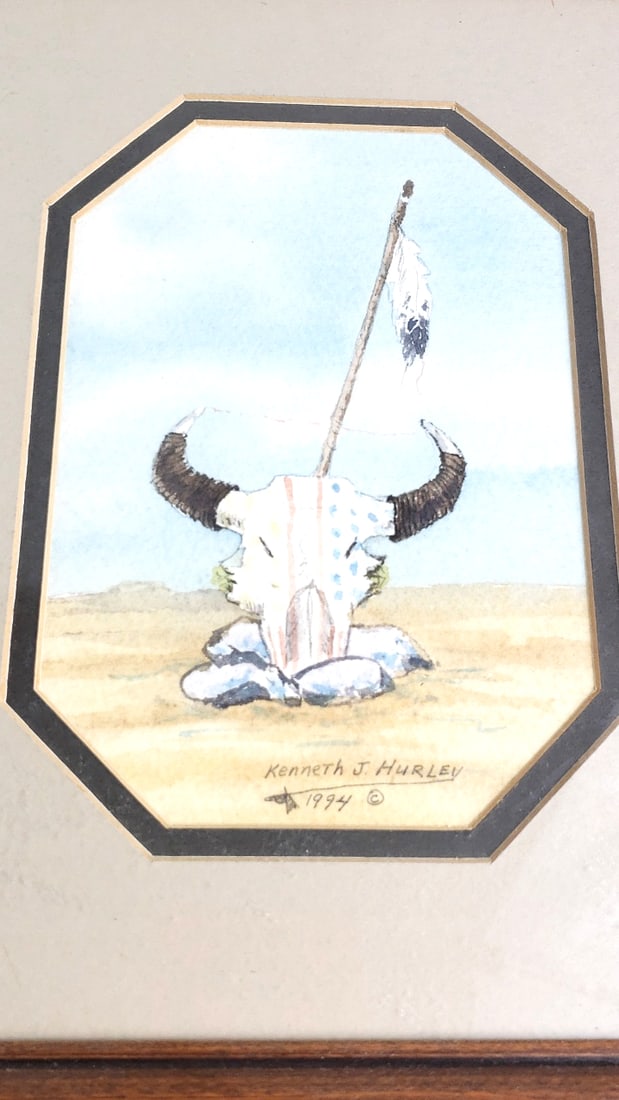 Framed Watercolor Bull Skull Art by Kenneth J Hurley, 1974 - 2