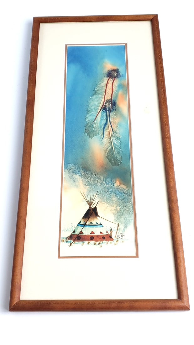 Vintage Framed Watercolor Painting of Feather and Tepee Original Watercolor by Sue & Warren Tobey: Good Low Estimate: 50 Width: 1 Height: 8 High Estimate: 150