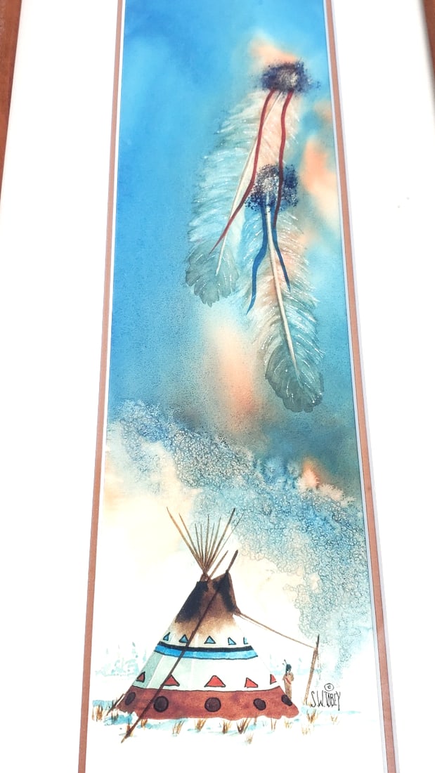Vintage Framed Watercolor Painting of Feather and Tepee Original Watercolor by Sue & Warren Tobey - 2