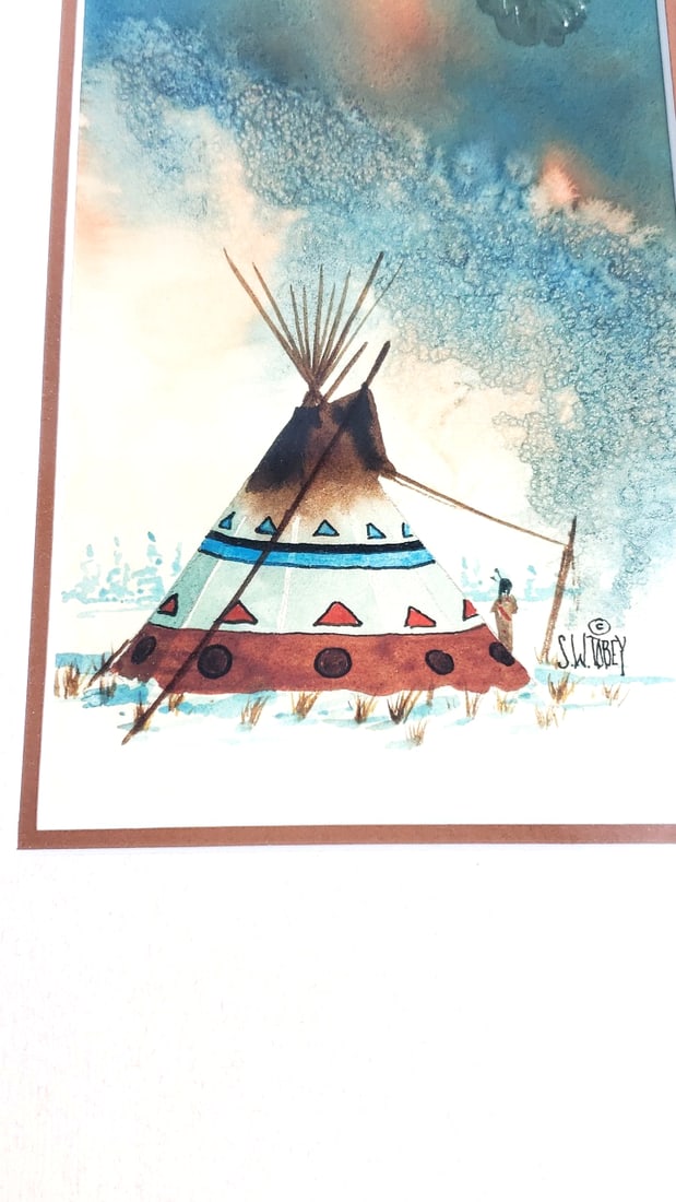 Vintage Framed Watercolor Painting of Feather and Tepee Original Watercolor by Sue & Warren Tobey - 3