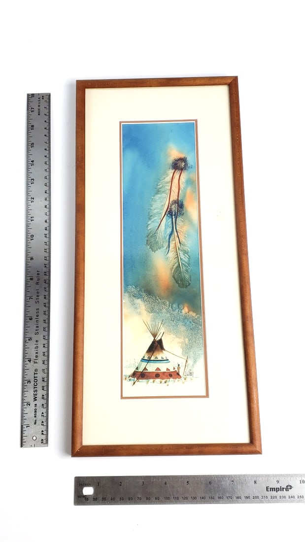 Vintage Framed Watercolor Painting of Feather and Tepee Original Watercolor by Sue & Warren Tobey - 5
