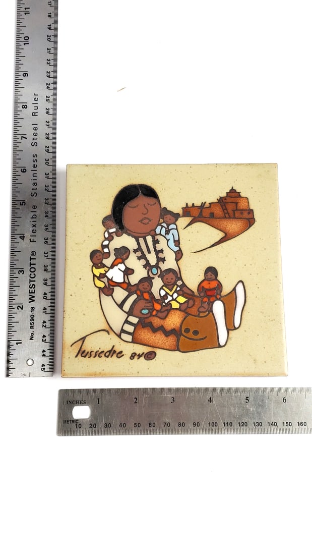 Vintage 1984 TEISSEDRE DESIGNS Hand Painted Ceramic Native Tile Coaster Trivet Wall Decor by Cleo... - 4