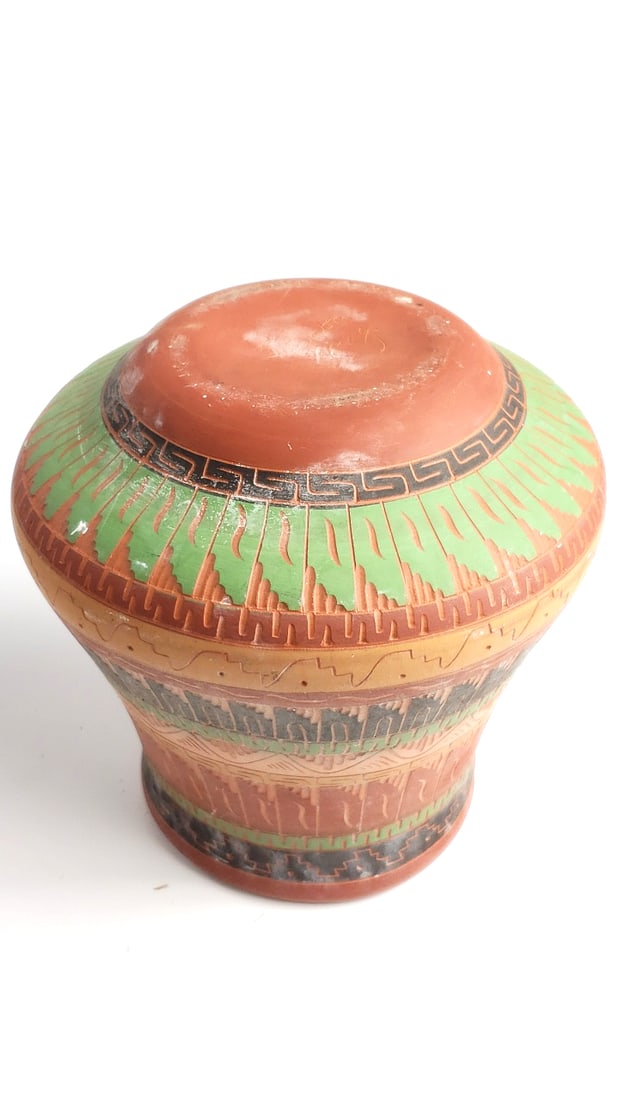 Vintage Handcrafted Terracotta Pot with Geometric Patterns Artist On Base - 2