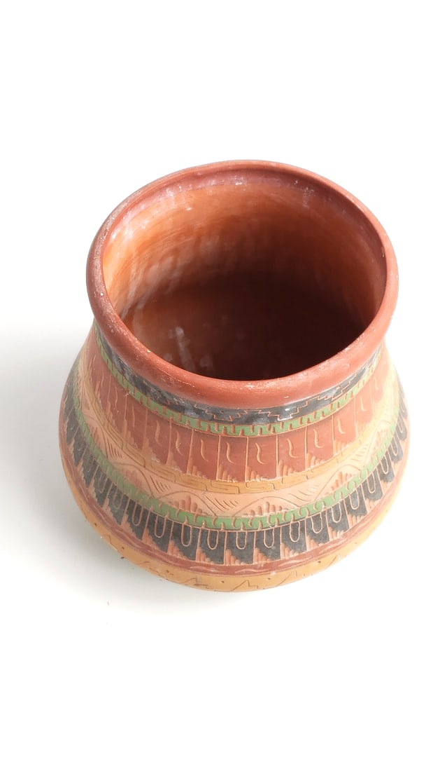Vintage Handcrafted Terracotta Pot with Geometric Patterns Artist On Base - 4