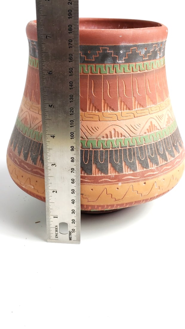 Vintage Handcrafted Terracotta Pot with Geometric Patterns Artist On Base - 5