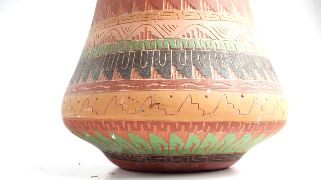 Vintage Handcrafted Terracotta Pot with Geometric Patterns Artist On Base - 6