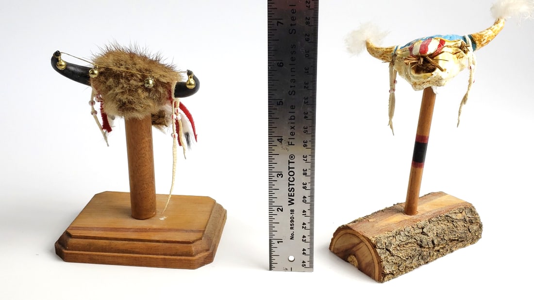 Native American Style Bull and Spirit Headdresses on Wood Stands - 13
