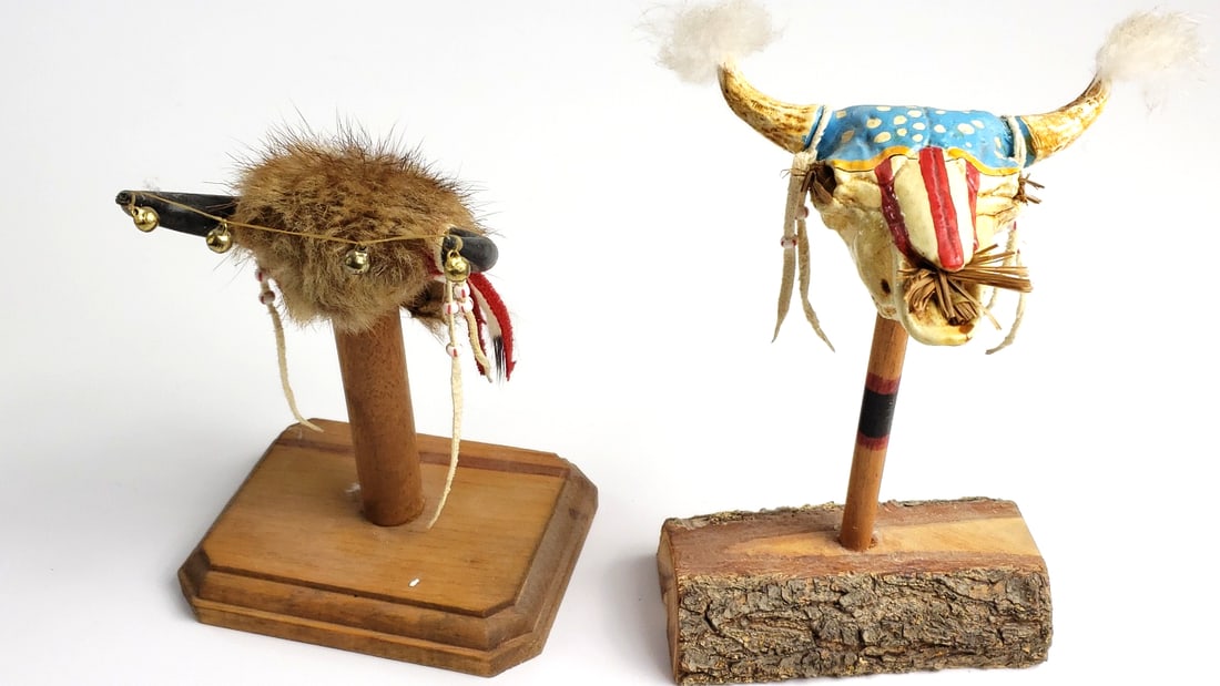Native American Style Bull and Spirit Headdresses on Wood Stands: Unique Low Estimate: 50 Width: 3 Height: 4 High Estimate: 150