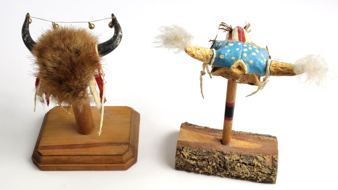 Native American Style Bull and Spirit Headdresses on Wood Stands - 2