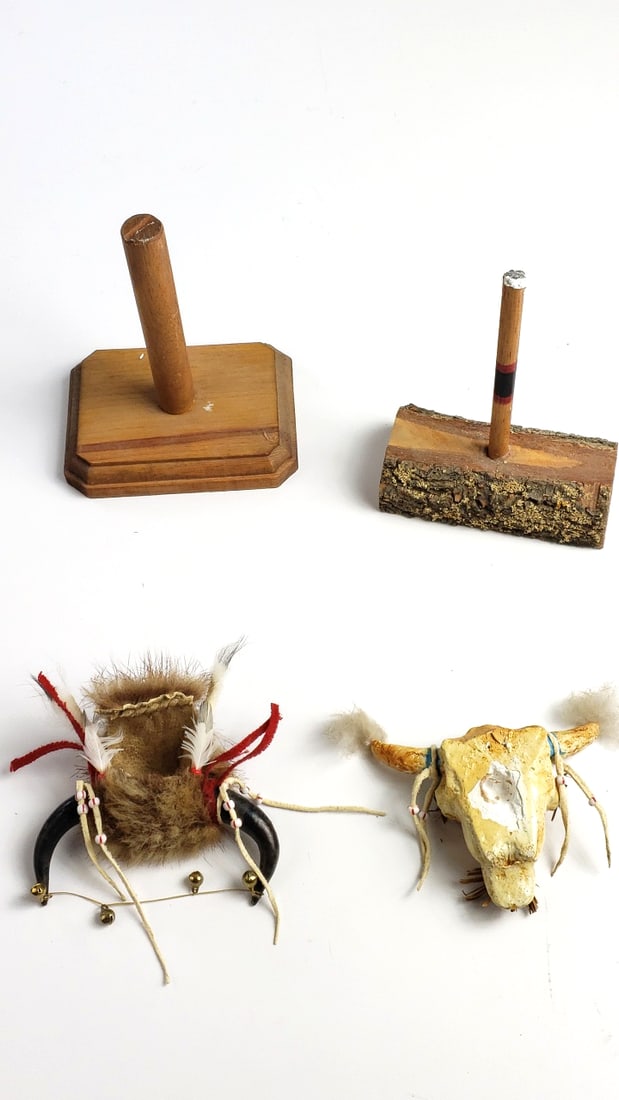 Native American Style Bull and Spirit Headdresses on Wood Stands - 3