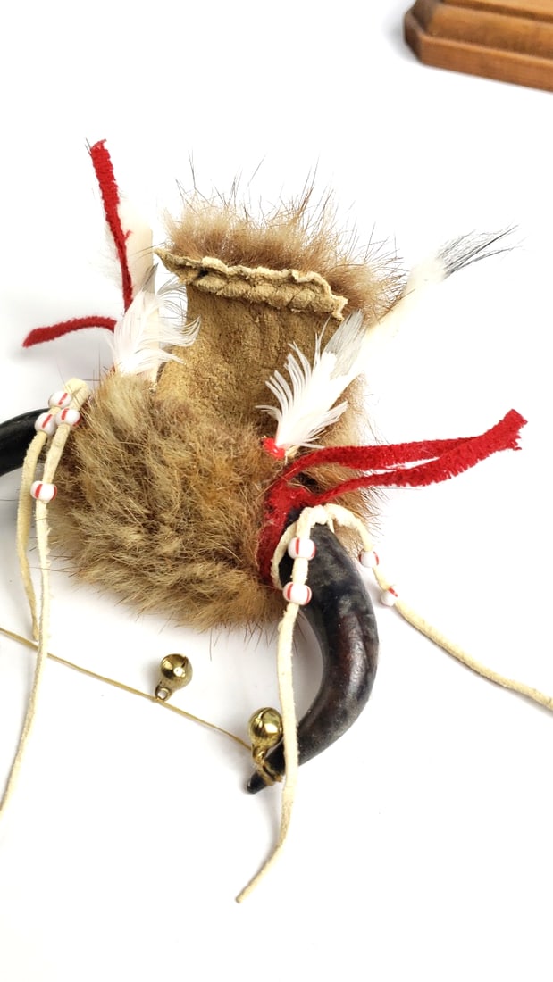 Native American Style Bull and Spirit Headdresses on Wood Stands - 5