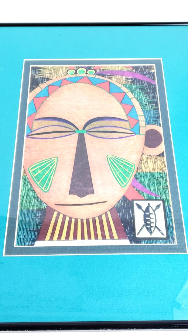Mixed Media Framed Tribal Art Print with Geometric Patterns and Mask Design 20" x 16" Metal Frame &: Great Height: 16 Width: 1 High Estimate: 100 Low Estimate: 30