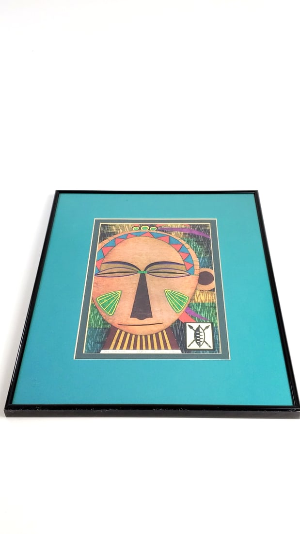 Mixed Media Framed Tribal Art Print with Geometric Patterns and Mask Design 20" x 16" Metal Frame & - 2