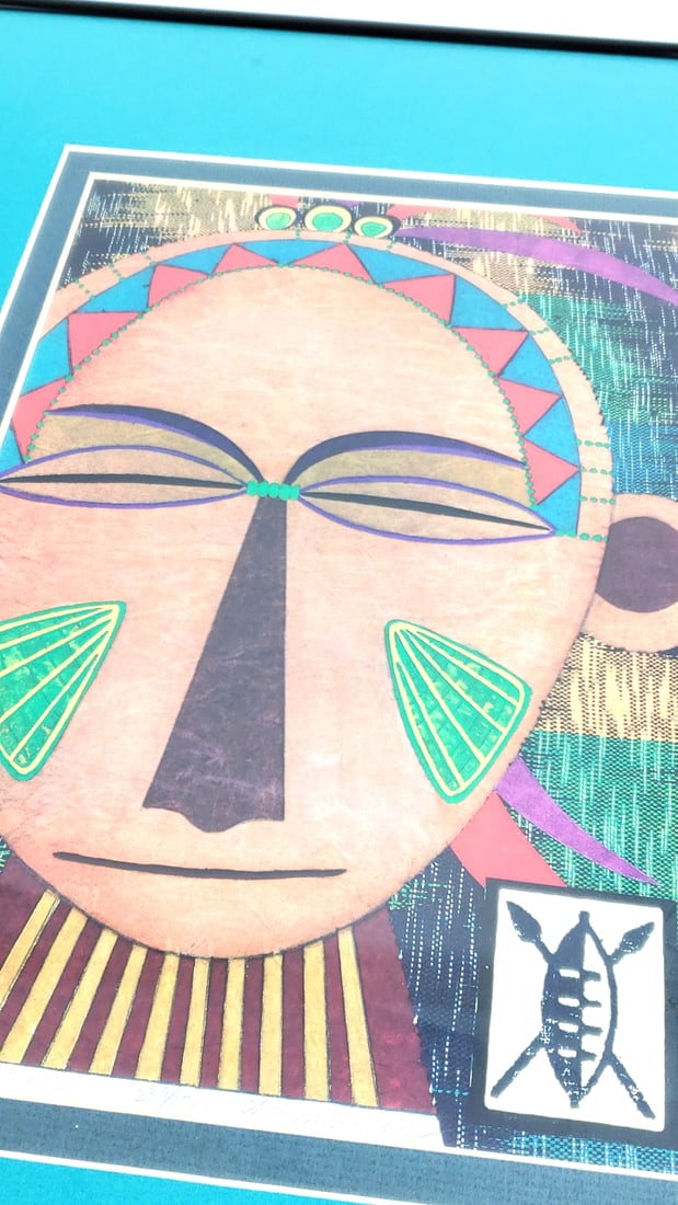 Mixed Media Framed Tribal Art Print with Geometric Patterns and Mask Design 20" x 16" Metal Frame & - 5