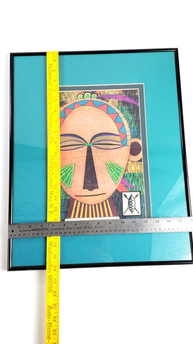 Mixed Media Framed Tribal Art Print with Geometric Patterns and Mask Design 20" x 16" Metal Frame & - 8