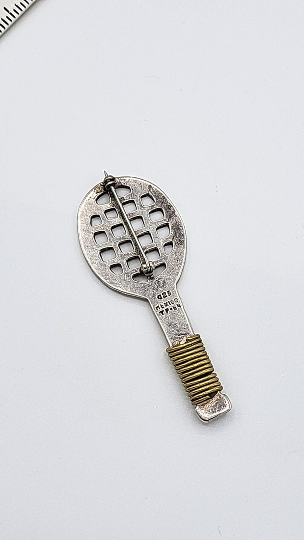 Sterling Silver Tennis Racket Brooch 14.99g - 3