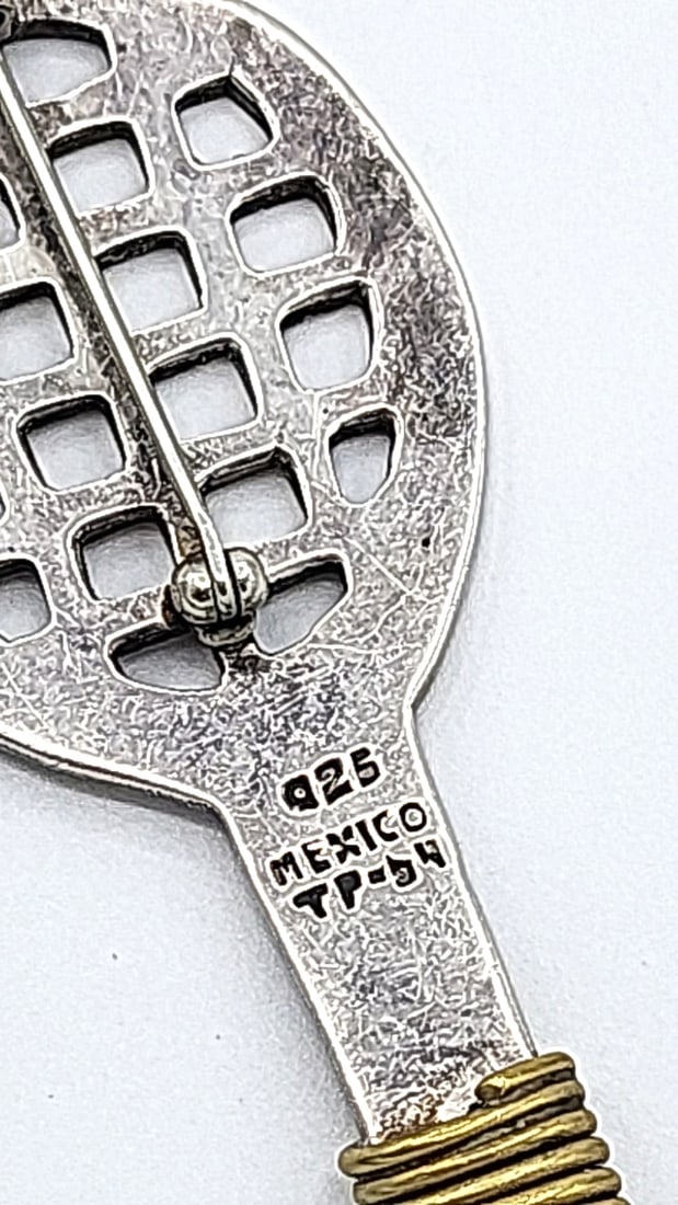 Sterling Silver Tennis Racket Brooch 14.99g - 4