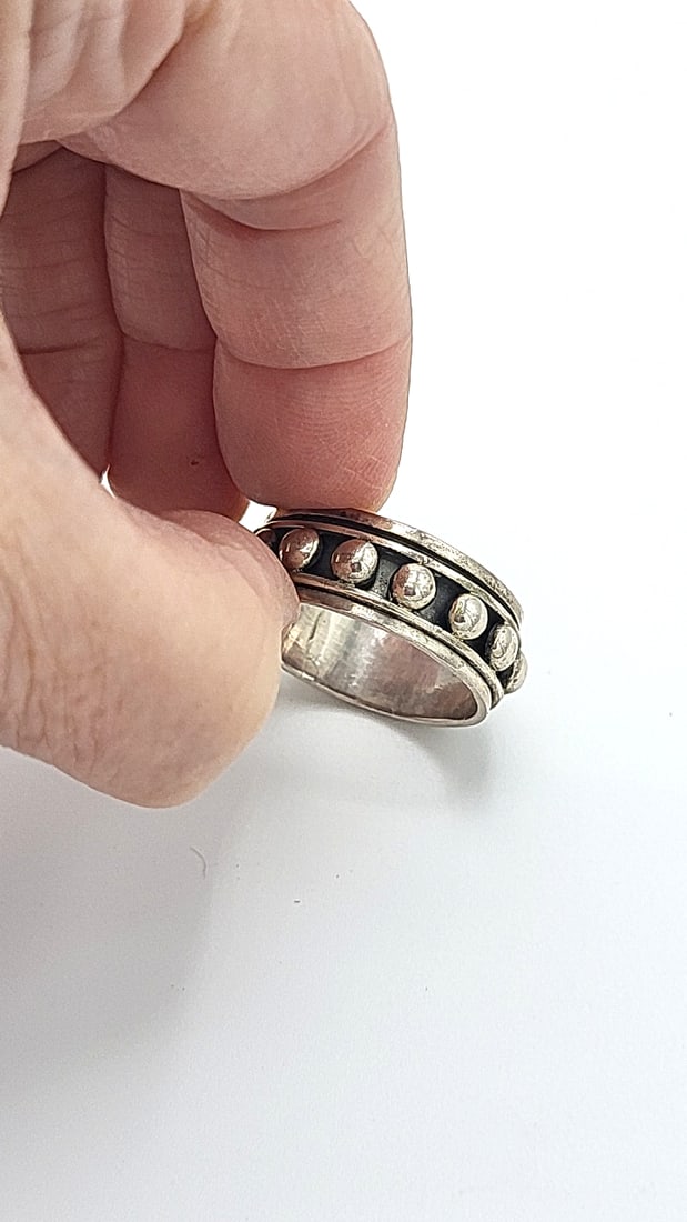 Sterling Silver Fidget Ring With Central Moveable Bead Design 9.92g Size 13 - 2
