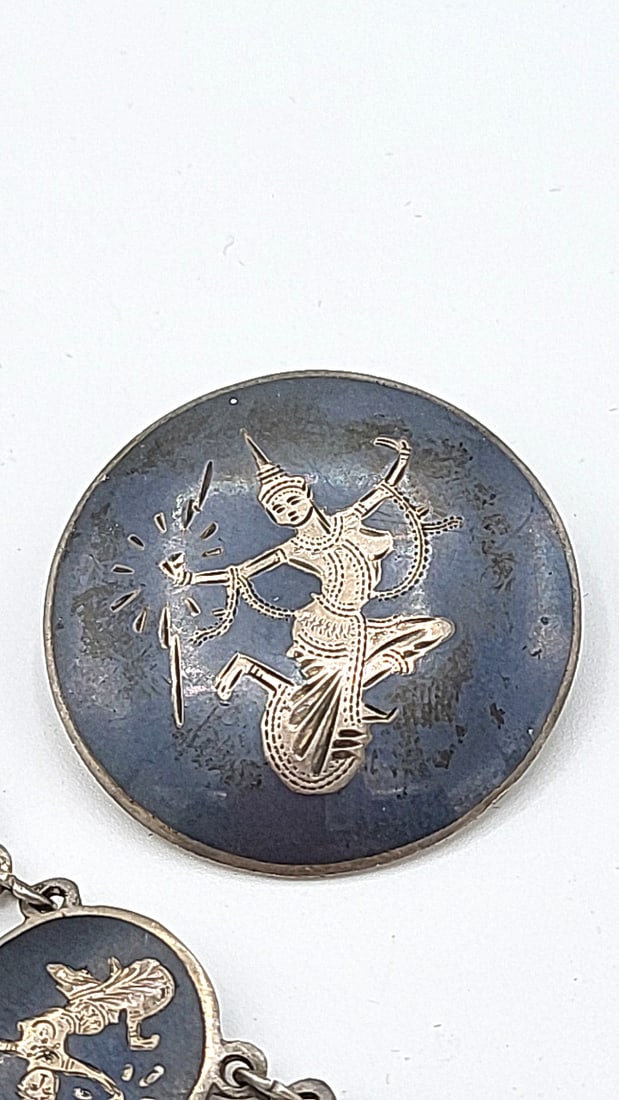 Antique Niello Syerling Silver Siam Jewelry Dancer Motifs 31.59g - 2