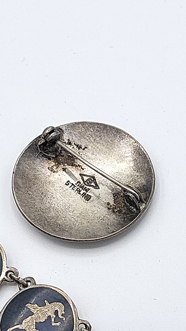 Antique Niello Syerling Silver Siam Jewelry Dancer Motifs 31.59g - 3