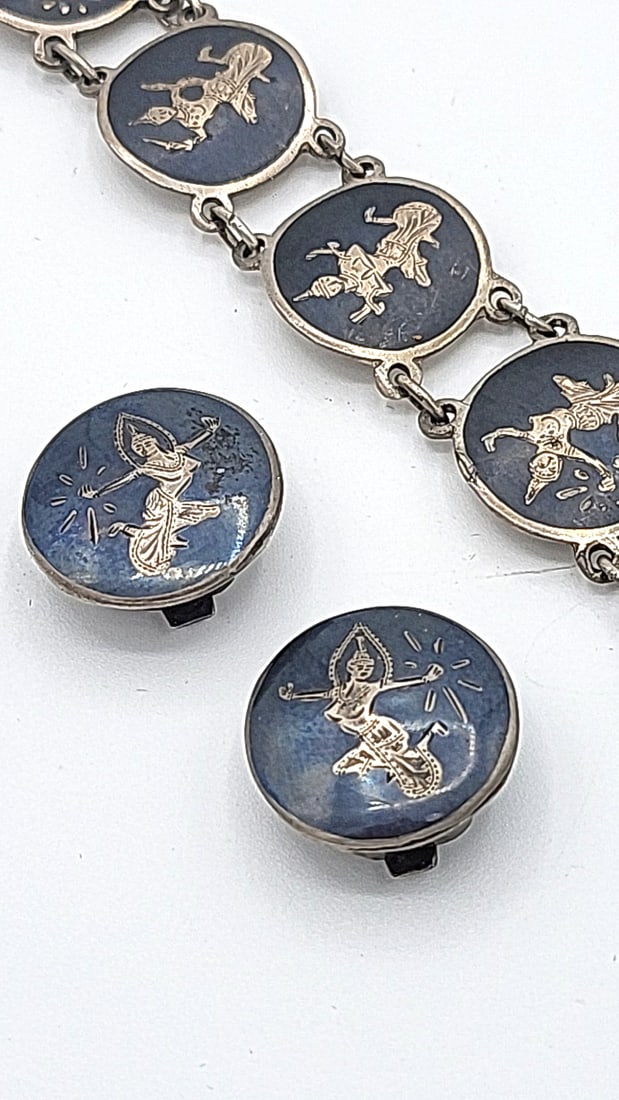 Antique Niello Syerling Silver Siam Jewelry Dancer Motifs 31.59g - 4