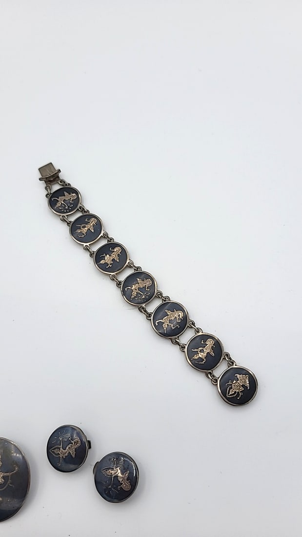 Antique Niello Syerling Silver Siam Jewelry Dancer Motifs 31.59g - 7