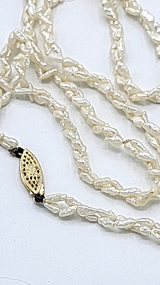 24k Gold Clasp Double Strand Twisted Rice Pearl Necklace 20" - 2