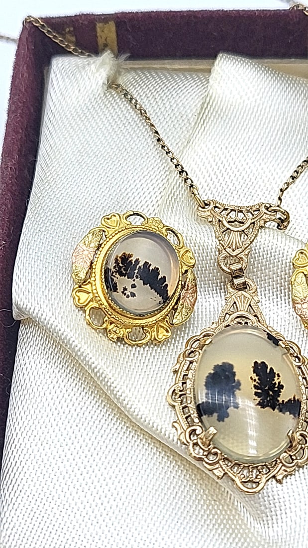 Vintage 1/20 12k Gold Moss Agate Necklace And Broken Earring Set - 2