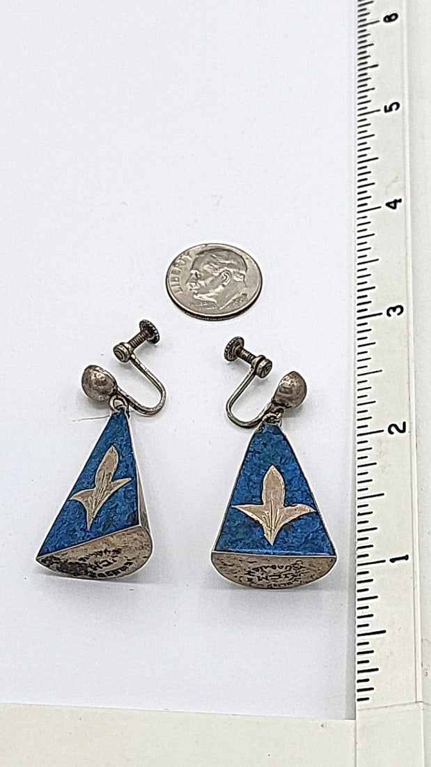 Vintage Mexico Sterling Silver & Blue Stone Screw-back Earrings 10.41g - 2