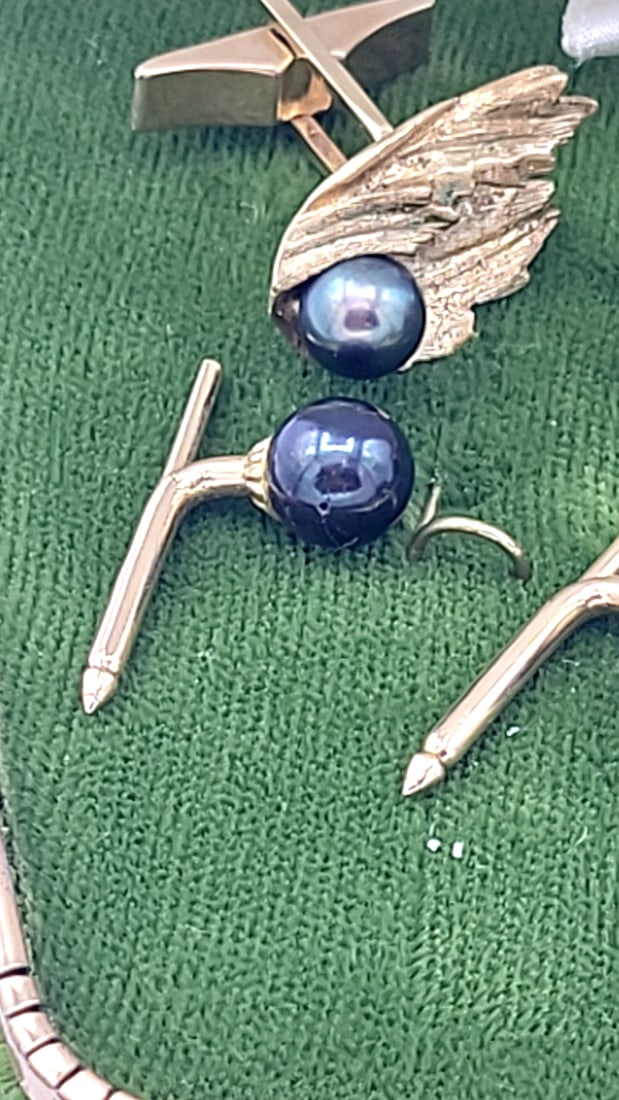 14k Gold Cufflinks And Shirt Stud Set With Black Pearls In Velvet Box 13.20g - 2