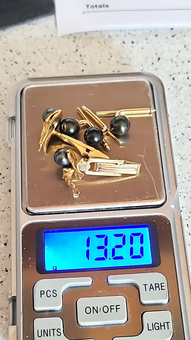 14k Gold Cufflinks And Shirt Stud Set With Black Pearls In Velvet Box 13.20g - 3