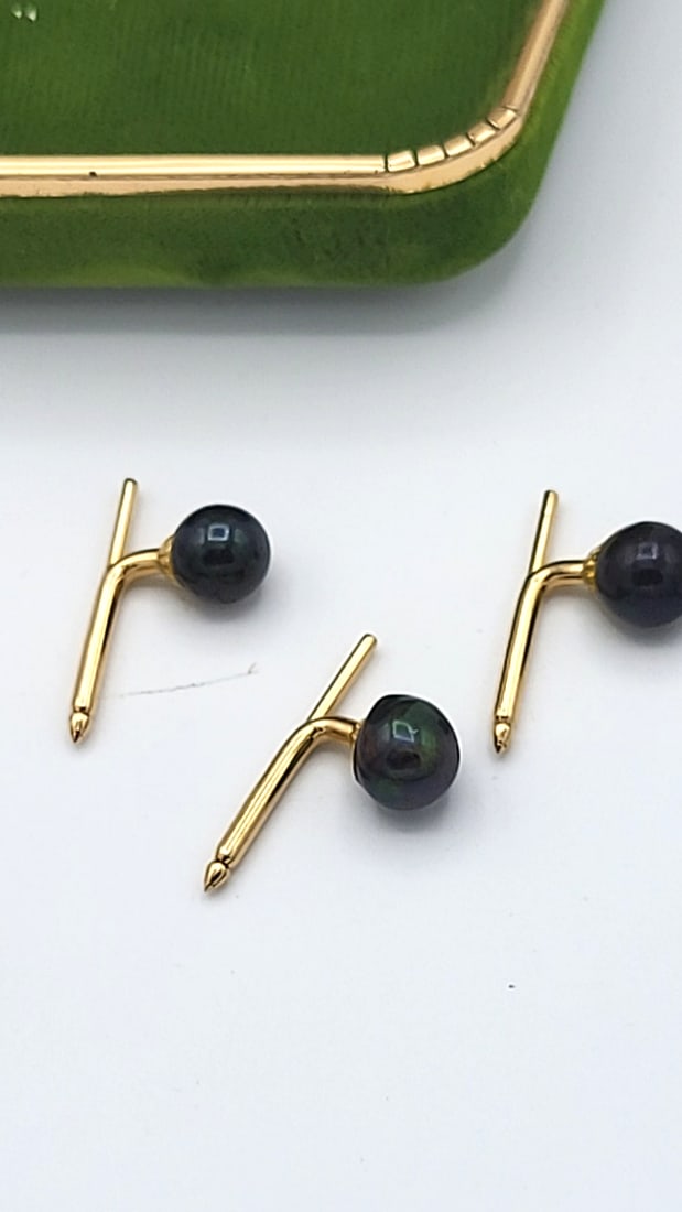 14k Gold Cufflinks And Shirt Stud Set With Black Pearls In Velvet Box 13.20g - 4