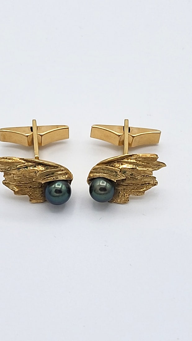 14k Gold Cufflinks And Shirt Stud Set With Black Pearls In Velvet Box 13.20g - 5