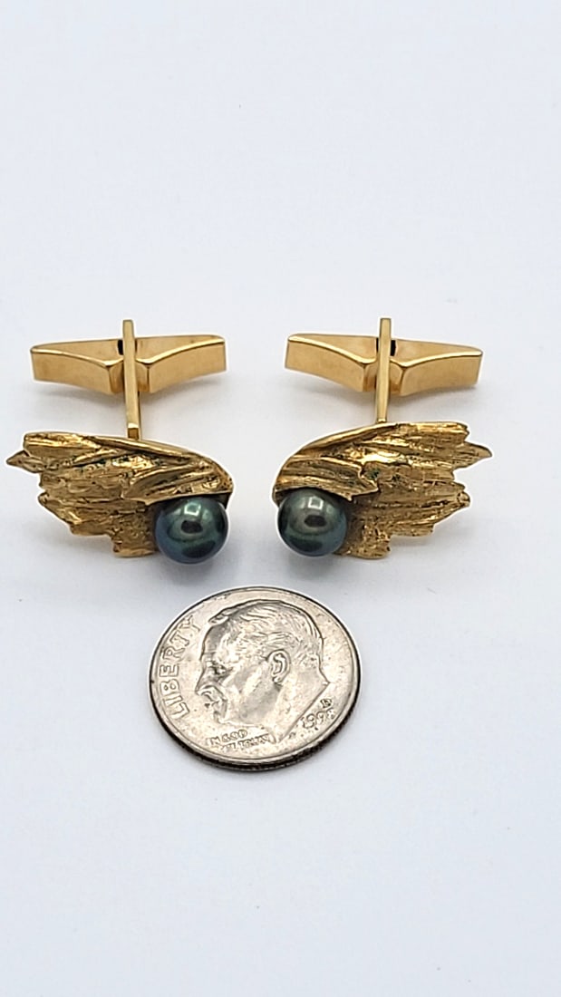 14k Gold Cufflinks And Shirt Stud Set With Black Pearls In Velvet Box 13.20g - 6