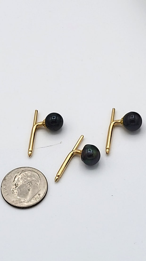 14k Gold Cufflinks And Shirt Stud Set With Black Pearls In Velvet Box 13.20g - 7