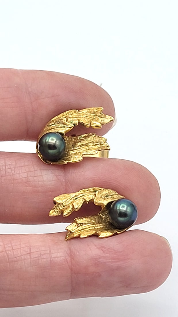 14k Gold Cufflinks And Shirt Stud Set With Black Pearls In Velvet Box 13.20g - 8
