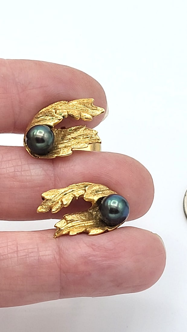 14k Gold Cufflinks And Shirt Stud Set With Black Pearls In Velvet Box 13.20g - 9
