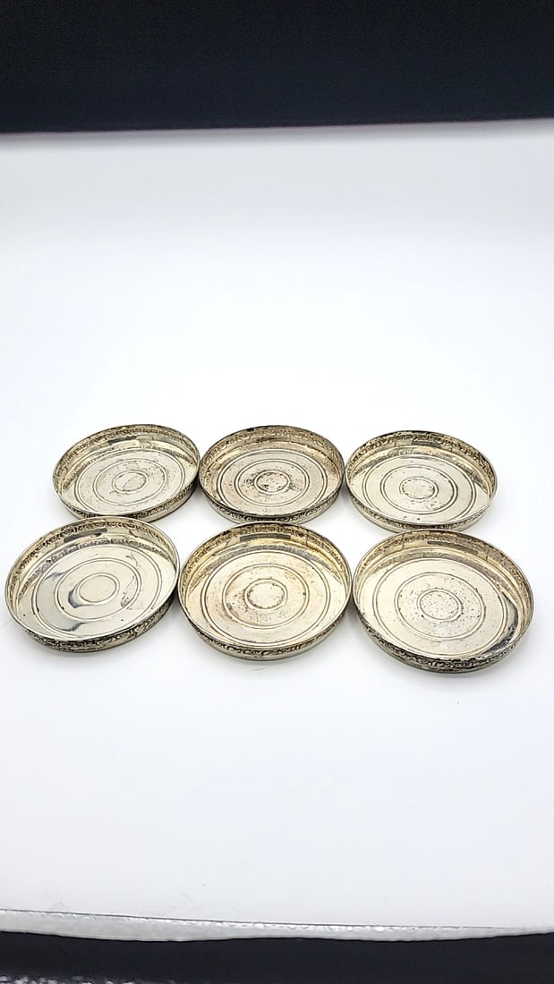 6 Manchester Sterling Silver Decorative Edge Coasters 106.62g - 2