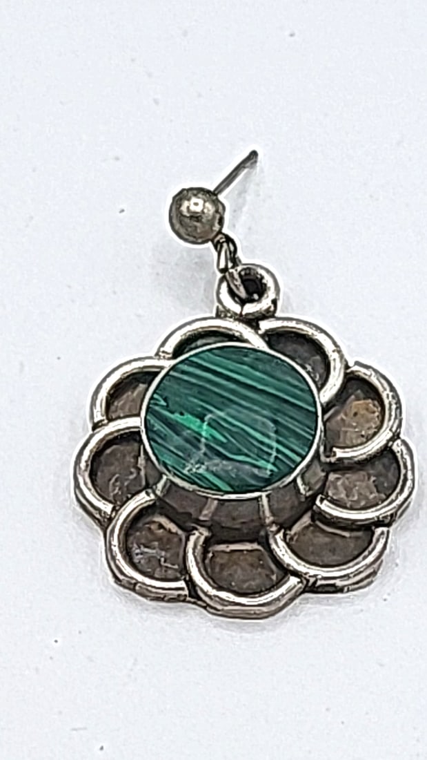 Sterling Silver Earrings With Malachite Stone Mexico Tj 14.86g - 2