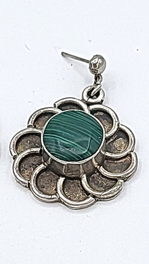 Sterling Silver Earrings With Malachite Stone Mexico Tj 14.86g - 3