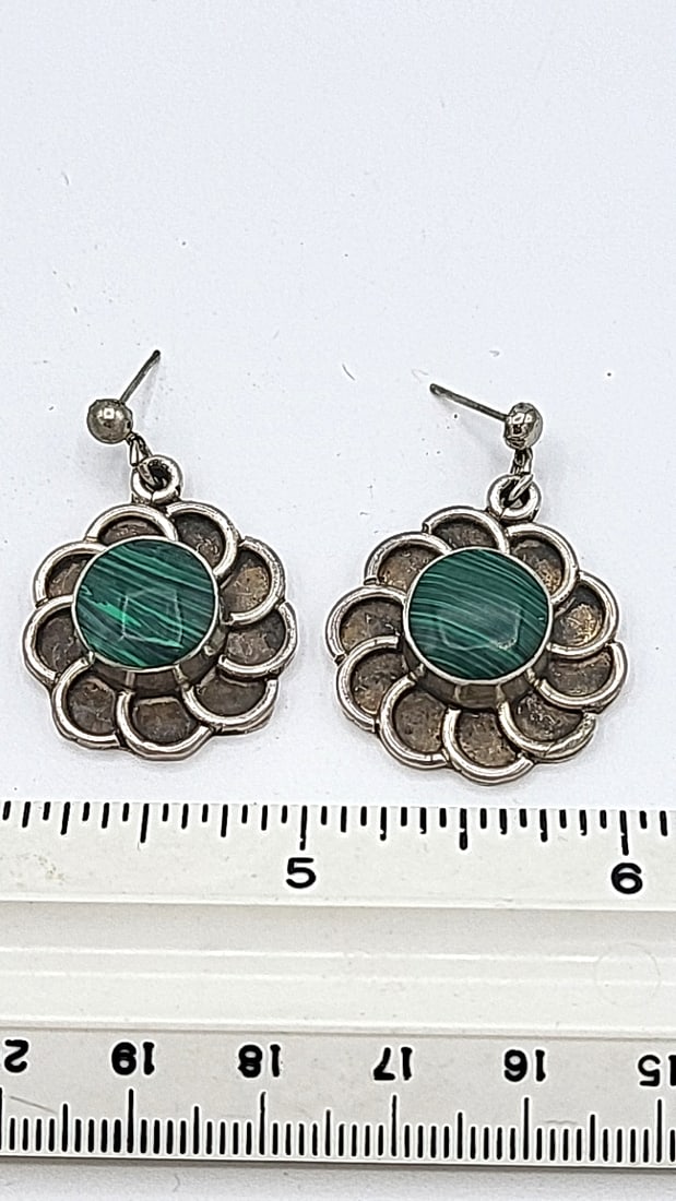 Sterling Silver Earrings With Malachite Stone Mexico Tj 14.86g - 4